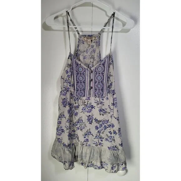 DECREE Women's SZ M Racerback Flowy Tank Ruffle Floral Boho Festival Fairy Gray - Picture 2 of 9